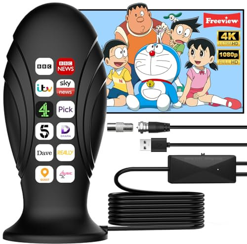 Indoor TV Aerial, 4K Ultra HD TV Antenna Indoor with Amplifier Signal Booster, 560+ Miles Range Digital TV Aerial for Smart TV,Portable Aerial Supports BBC,ITV,Channel 4,Channel 5 and More Channels