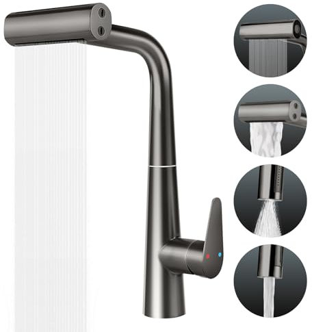 Kitchen Tap Kitchen Mixer Tap - High Arc Pull-Out Spray Faucet with 4 Spray Modes, Leak-Proof Design for Sink Tap, Easy Installation, Upgraded Craftsmanship, Grey