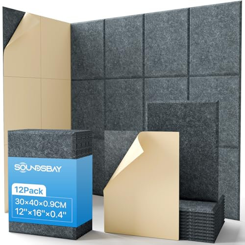 Soundsbay Placas acústicas autoadhesivas 12 piezas, absorbente de sonido, insonorización protección acústica de pared de alta densidad placas de protección acústica para tratamiento acústico y