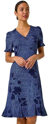 Roman Originals Tea Dress for Women UK Ladies Frill Hem Skater Wrap Jersey Stretchy Fit & Flare Flattering Knee Length Cocktail Party Occasion Holiday Going Out - Floral Navy - Size 16