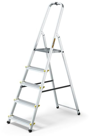 Drabest 5-step aluminum ladder, 150 kg load capacity, foldable, non-slip treads, sturdy frame, compact for storage, equipped with a practical tool hook