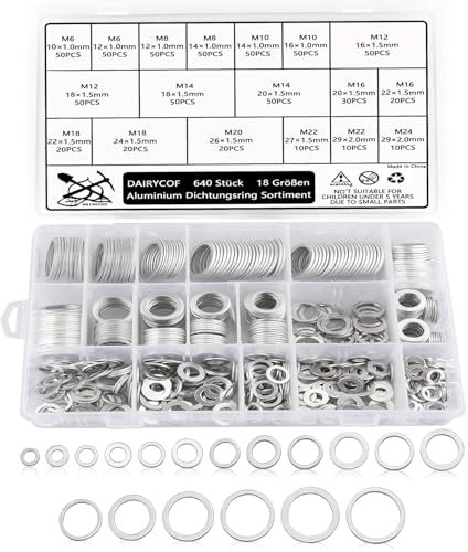 DAIRYCOF 640 Stück Aluminium Dichtungsring Sortiment, Metrische Dichtungen, Ölablassdichtungen Set, 18 Größen für Reparatur Hydraulik Autos Sanitär Werkstatt (M6 M8 M10 M12 M14 M16 M18 M20 M22 M24)