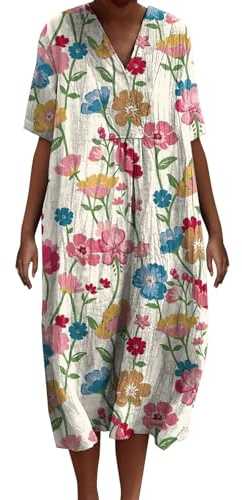 Robe Ete Femme Mi Longue Fluide Coton Chemisier Robes Manches Courtes Casuel Ample A-Line Imprimé Fleur Robes Col en V Soiree Grande Taille Robe Été Femme Longue Décontractée Dresses Fête Travail