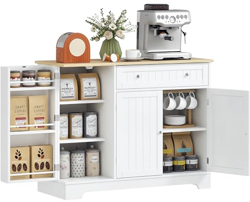 HOMCOM Credenza Cucina, Mobile portaoggetti con ripiani per porta, 3 ante, cassetto e ripiano regolabile, stile moderno, per sala da pranzo, soggiorno, cucina, 105 x 40 x 83 cm, bianco