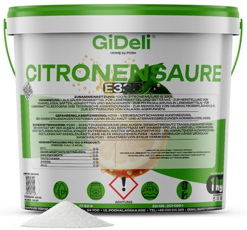 GiDeli Acide citrique de qualité alimentaire en poudre monohydrate 1000 g pur E330 cristaux qualité de nettoyage détartrant acidifiant sans sucre en cube refermable 1 kg