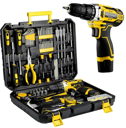 TLGREEN Caisse a Outil Perceuse à Percussion Sans fil 12V, Boîte à Outils 138 Pièces Malette Outils complete avec Perceusepour Réparation, Entretien et Travail pour Jardin, Bureau, Domicile (jaune)