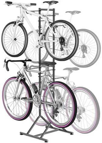 Mimoke Râtelier à vélos pour 4 vélos - Autonome et sans perçage - Réglable en hauteur pour différentes tailles de roues - Porte-vélos vertical stable pour garage, cave et appartement avec crochets