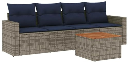 Qnhdfrt Set di 5 divani da giardino, set lounge in rattan PE, mobili da terrazza con vano portaoggetti, tavolo da giardino con piano in legno di acacia, gruppo seduta con cuscini, colore grigio, per