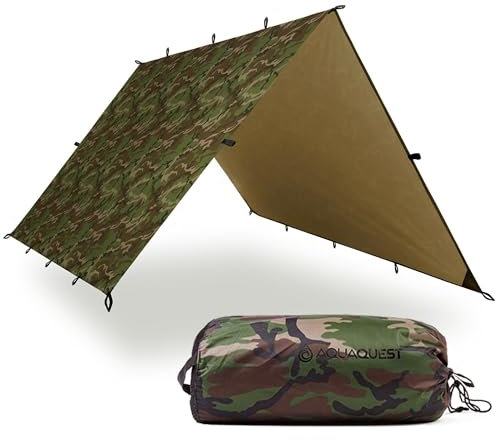 AquaQuest Defender wasserdichte Campingplane - robuster Zeltunterstand oder Regenschutz - Wandern, Bushcraft und Hängematte, 4 x 3 m Waldtarn