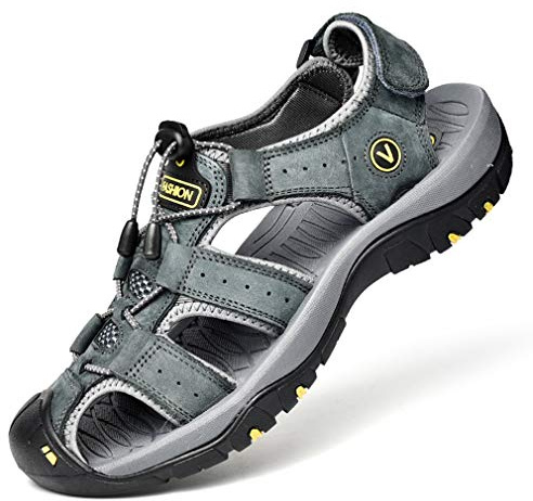 Sandaler för män, i läder, vandringssandaler, utomhusskor för sommar, andas, storlek 38–48, GRÅ, 39 EU
