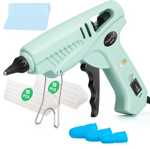 Magicfly 60/100W Hot Glue Gun Full Size with 30 Pcs Hot Glue Sticks (0.43 X 5.9 inch), Dual Power High Temp Melt Glue Gun Kit with Finger Caps, Mat for Arts Craft, Household, Green