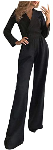 Byxdress för kvinnor, bröllop, festlig, lång jumpsuit, elegant, långärmad overall, enfärgad, V-ringad, lekdräkt med vida ben, byxdräkt, affärskostym, overall, lekdräkter