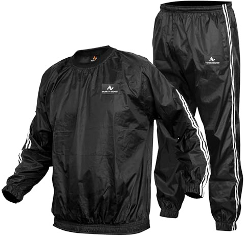 NORTH EDGE Heavy Duty Sweat Suit Sauna for Exercise Gym Sauna Suit Fitness workout Anti-Rip (Round Neck Black, Small)