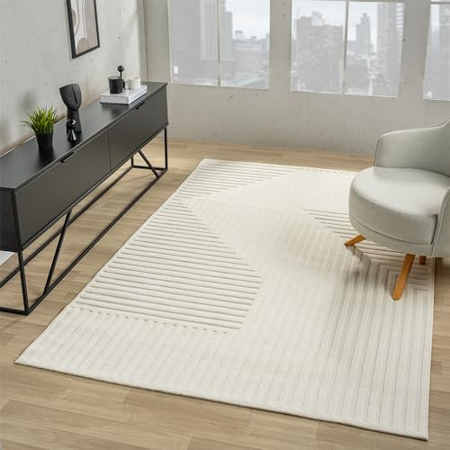 VIMODA Moderner Kurzflor Teppich Wohnzimmer Schlafzimmer Skandinavisch in Creme, Farbe:Zickzack, Maße:200x290 cm