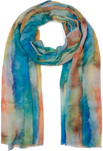 styleBREAKER Sciarpa da donna con motivo acquerellato colorato e sfumato, sciarpa leggera ed estiva multicolore 01016240, colore:Blu-Verde-Arancione