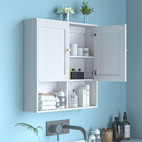 Azheruol Bathroom Wall Cabinet, Medicine Cabinet with 2 Door and Adjustable Shelves,3-Tier Wood Hanging Storage Over The Toilet,White Wall Mounted Cabinet for Bathroom, Kitchen,Laundry Room