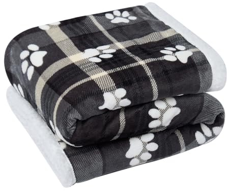 OHS Sherpa Fleece Pet Blanket Paw Print, Winsford Check Dog Blanket for Sofa Soft Warm Fleece Reversible Sherpa Dog Christmas Blanket - Grey, 120cm x 100cm