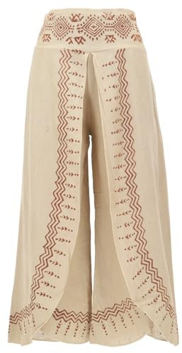 GURU SHOP Palazzohose, Hosenrock, Bedruckte Natürliche Boho Schlaghose, Sommerhose - Hellbeige, Damen, Baumwolle, Size:L