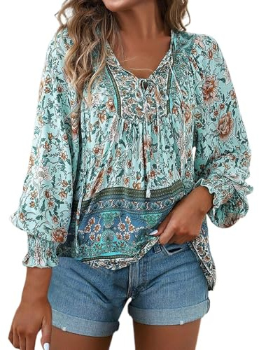 Damblus elegant vardaglig boho v-ringad blommönster lös mode tunika långärmad sommarkläder för kvinnor lätt skjorta tunn blus skjorta