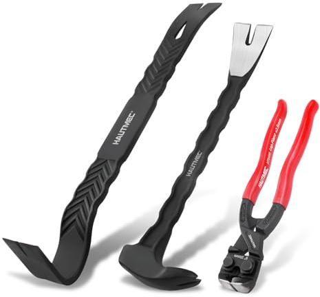 HAUTMEC 3 PCS Pry Bar Set, 380mm(15) Flat Pry Bar, 300mm(12) Cats Paw Nail Puller Tool and 200mm(8) End Cutting Pliers, Heavy Duty Dorp Forged Crowbar Pry Tool for Prying and Removing HTASM25022-UK