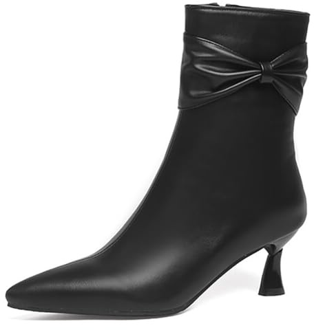 Qynthra Botines Mujer Tacón Grueso Punta Fina Detalle De Lazo Botas De Vestir para Fiesta De Cóctel & Salida Nocturna Otoño Invierno Cuero PU,Negro,37 EU