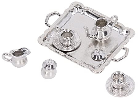 Generic Mini Metall Teservis Naturtrogen Simulering Miniatyr Tekoppsbricka Kit för Dockhus Lek för Barn 3+ år, 1/12 Skala Dockskåp Köksmöbler