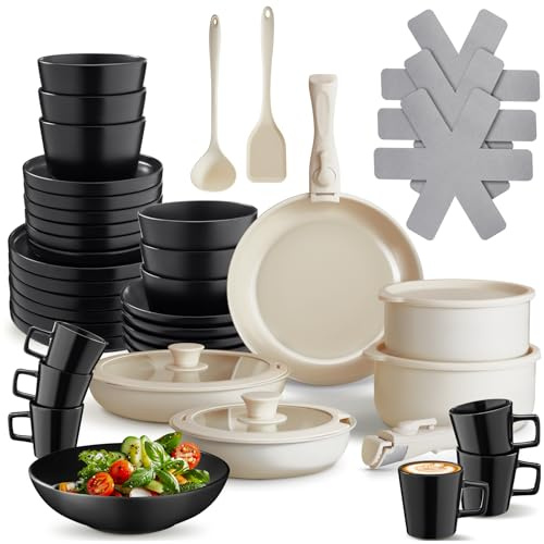 tectake® Set cucina per 6 persone 46 pcs, stoviglie e pentole, 30 pcs tra piatti ciotole tazze, adatte a microonde, 11 pcs padelle, coperchi pentole manici removibili, spatola, mestolo - Nero/Bianco