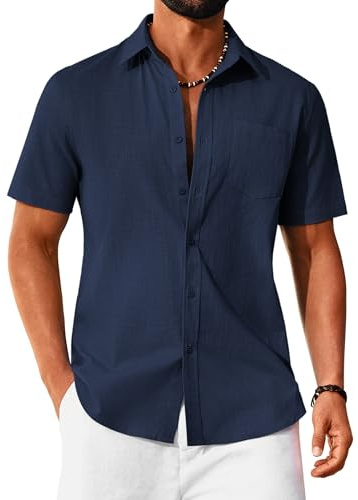COOFANDY Herrskjorta kortärmad bomull sommarskjorta button down skjortor för män normal passform herrskjortor strandskjorta
