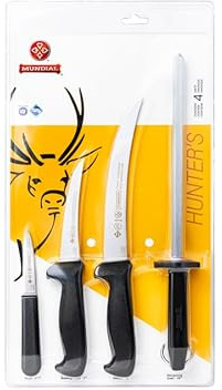 Mundial Hunter’s 4-Piece Knife Set: Caping, Boning, Steaker Knives, 10” Sharpening Steel – NSF Certified, Stainless Steel, Ergonomic Grip