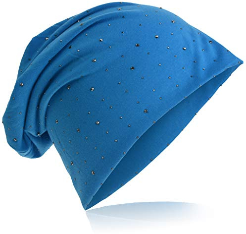 Miobo Jersey slouch beanie lång mössa med ädel strass stjärna nitar applikation unisex enfärgad män kvinnor trend, Ljusblå, En Storlek