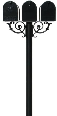 The Hanford Cast Aluminum Triple Mailbox Post System with 3 Economy Mailboxes, Mounting Brackets and Scroll Supports, Ships in 2 boxes