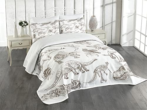 ABAKUHAUS Jurassic Tagesdecke Set, Dinosaurier-Skelett, Set mit Kissenbezug luftdurchlässig, für Einzelbetten 170 x 220 cm, Dunkelbraune weiße