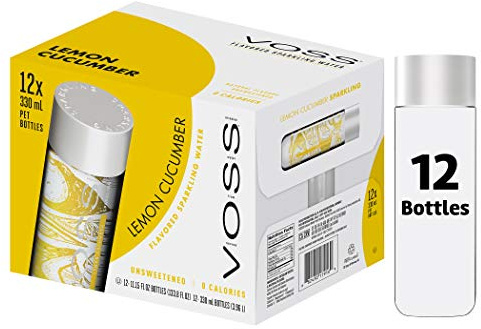 VOSS UK Water, Flavoured Sparkling Water, Lemon Cucumber, Zero Calories, No Sugar, Natural, PET Water Bottles, Bulk Pack of 12 x 330 ml