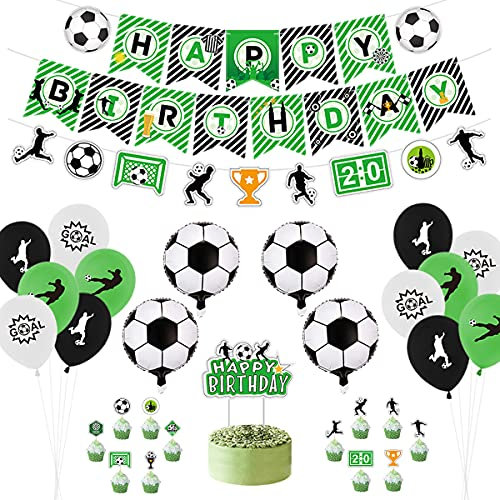 Zu den Dekorationen mit Fußballmotiven gehören Happy Birthday-Banner, Fußballfahnen, Ballonkuchendekorationen, Kindergeburtstage, die für 20 Gäste verfügbar sind (A)