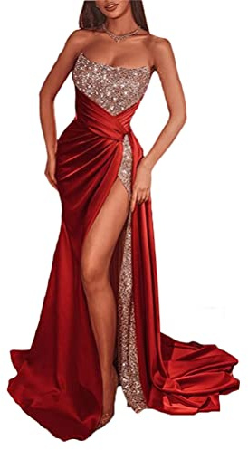 Minetom Femme Élégante Col V Robe à Paillettes sans Manches Longue Maxi Robe de Soirée Mariage Cocktail Demoiselle d'honneur D Rouge L