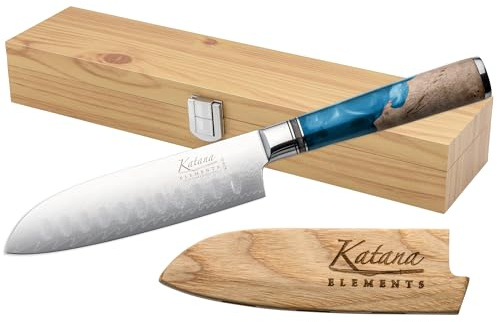 Katana Saya Elements 12 cm Santoku-kniv, havsblå – Högkolhaltigt VG-10 Damaskusstål för extrem hårdhet och skärpa – Handtag i naturligt olivträ och harts