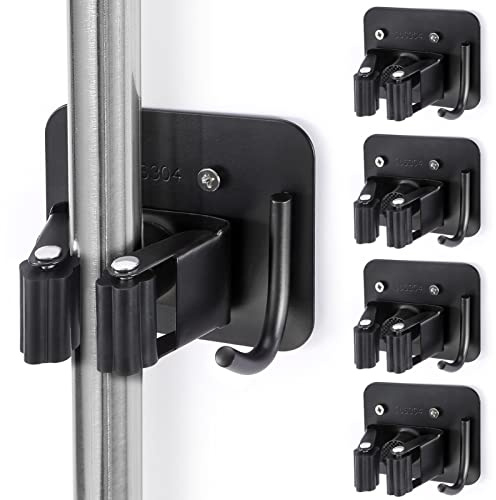 YUWANTING Stainless Steel Broom Holder, Heavy Duty, Rust Resistant, 4 Gripper Positions with 4 Hooks, Black