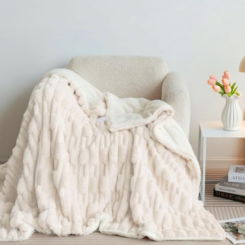 Couverture douillette géométrique beige, extra chaude pour l'hiver, idéale comme jeté de lit et couverture de canapé