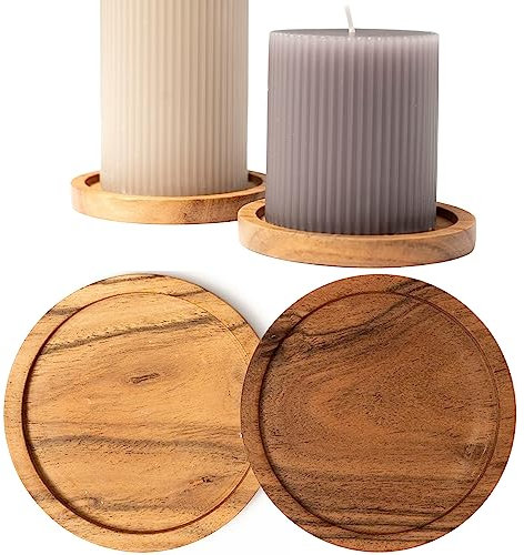 Plogis Set di 2 sottobicchieri rotondi in legno di acacia, per candele fino a 10 cm di diametro, piattini in legno per candela, battesimo, candele nuziali