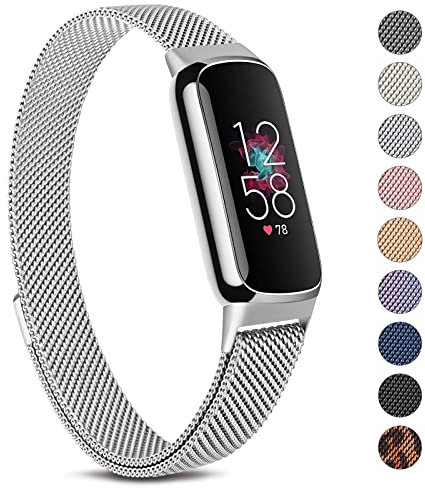 Oumida Armband Kompatibel mit Fitbit Luxe Armband für Damen Herren, Prämie Edelstahl Metall Ersatzarmband mit Starker Magnet Uhrenarmbänder für Fitbit Luxe, Silber