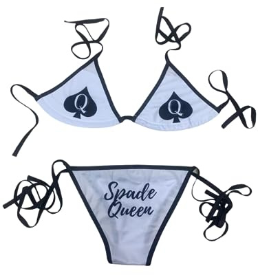 BBC Queen of Spades QOS Bikini Adjustbale Top,Bottom Set Micro String Thongs Women Swimsuit Free Size Hardcore Words Phrases, White, One Size