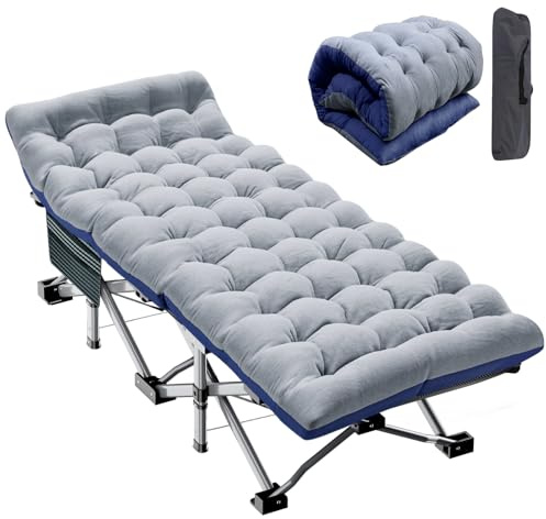 Meulbaty Folding Camp Bed for Adults, 190x71x36CM, 200KG Load Capacity, Steel Frame with Oxford Fabric, Includes Cushion & Side Pocket, Lightweight Sun Lounger for Camping Balcony Garden and Fishing