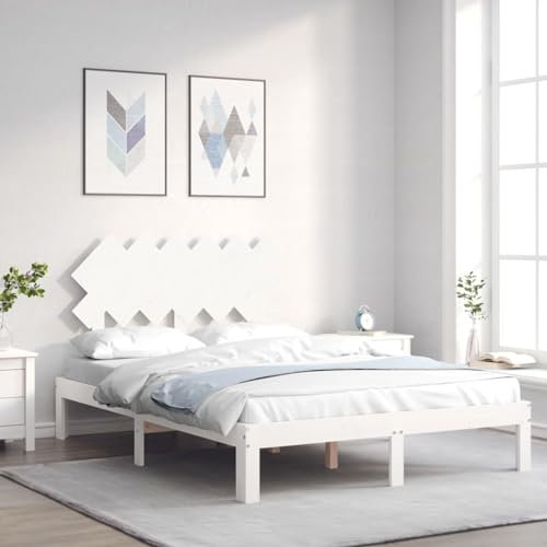 Gecheer Massiv träsäng, träsäng, massivt trä, säng, dubbelsäng/enkelsäng, balksäng, sängram, sängram, ribbotten med sänggavel vit, 120 x 200 cm