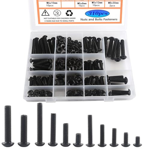 Rshuhx Juego de tornillos roscados M5, M6, M8, tornillos hexagonales, 310 unidades, acero al carbono, tornillos negros de cabeza redonda y tuercas, juego equipado con una llave hexagonal