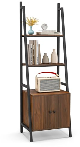 COSTWAY 4-Tier Ladder Bookshelf with Cabinet, 160cm Industrial Bookcase with Doors and Open Shelves, Metal Frame Wooden Display Storage Shelving Unit for Living Room Bedroom Office