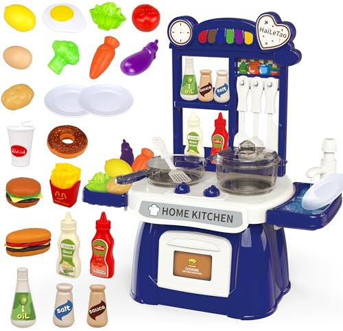Kitchen Toys Imitated Chef Light Music Pretend Cooking Food Play Dinnerware Set Children Girl Toy Kitchen Sink with Running Water and Electronic Induction Stove (blue kitchen)