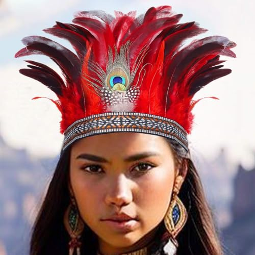 Zoestar Diadema de plumas de pavo real, tocado de plumas indias, tocado decorativo, disfraz de festival, accesorios para el cabello para mujer (rojo, talla única)