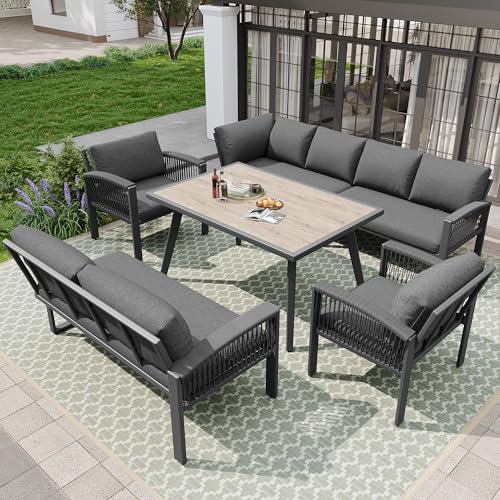 Gartenlounge Set Wetterfest für 8 Personen, Gartenmöbel Set aus gewebtem Seil, Garten Essgruppe mit Holzmaserung Tisch und Kissen, verzinktem Eisengestell, verstellbare Beine, Grau