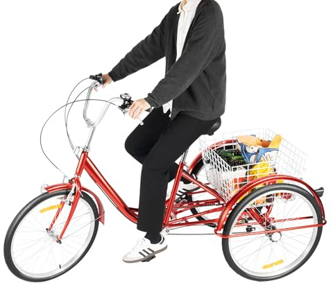 soudesileim 24 tums trehjuling justerbar höjd, 6 lägen, trehjuling cykel med ljus och korg 25 kg, höjd sätesjustering 78–95 cm, dubbelbromsar, trehjulig för vuxna, äldre (röd)