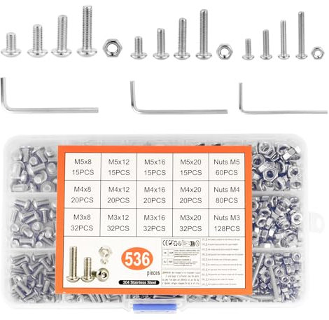 536 PcsTornillos M3 M4 M5, Tornillos de Cabeza Hueca Hexagonal Cilíndrico y Tuercas, Tornillería Tornillos de Cabeza Redonda Hexagonales de Acero Inox con Tuercas para Reparación Máquinas y 3 Llaves